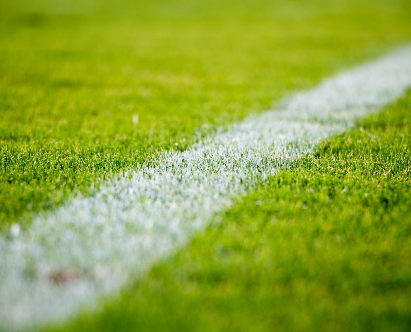 Close-up of a white line on green grass in a soccer field